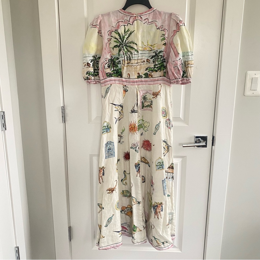 Alemais | Cream Midi Dress with Pastel Pink Trim and Tropical Print - sz 6 (us) - Picture 8 of 11